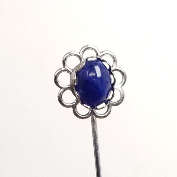 Vintage Little Blue Cabochon Flower Stick Pin, Silver Tone Setting Brooch - Picture 1 of 5